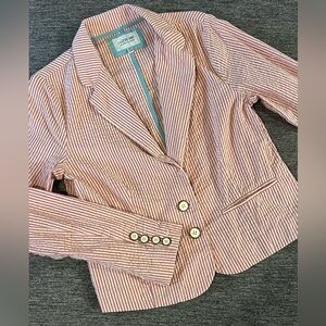 I love H81 Seersucker Pinstriped Pink & White Women’s Blazer Cropped sz Medium